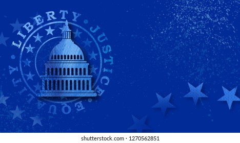 Graphic illustration of American Capitol building icon against mock seal of liberty, justice and equality on blue background. Conceptual graphic for political themed usage.