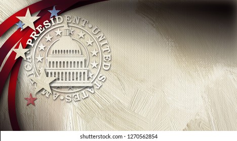 Graphic illustration of American Capitol building icon against mock seal of United States President and Flag components on abstract oil paint background. Art suitable for politically themed projects.
