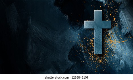Graphic illustration of the Christian cross of Jesus Christ with grunge type splatter signifying His blood bought salvation. Contemporary art suitable for religious themed projects.