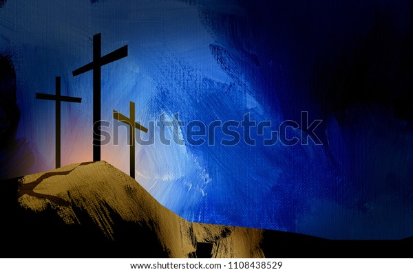 イエス キリストが私たちの罪のための犠牲としてはりつけにされたカルバリでのキリスト教の十字架の図像 聖書の福音書の基礎の場面のデジタル演奏 のイラスト素材