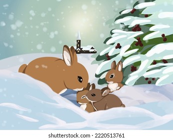Graphic illustration Christmas story about family rabbits in snowy winter  Idea for books  cartoon  children’s art  background  print  banner 