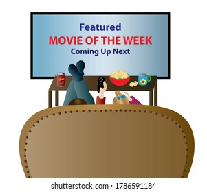 Graphic Illustration Of A Couple Relaxing Of Sofa Watching Large Screen TV While Enjoying Snacks.