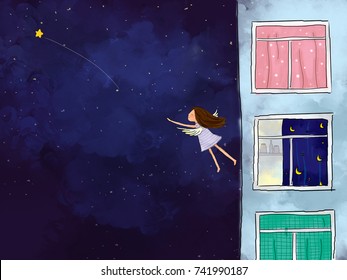 Graphic Illustration Digital Watercolor Drawing Of Girl Standing At Apartment Window Looking To Dark Blue Starry Night Sky. Idea Of Peaceful, Flying, Freedom, Dreaming, Imagination Background Design