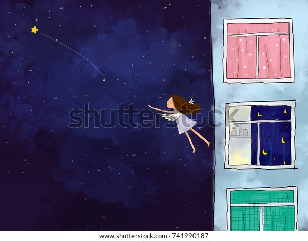 暗い青い星の夜空を見下ろす アパートの窓に立つ女の子のデジタル水彩画 平和 空を飛ぶ 自由 夢を見る 想像の背景デザインのアイデア のイラスト素材