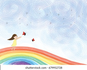 graphic illustration drawing of happy girl chasing butterfly on colorful rainbow with music notes over blue sky. Idea of fantasy, dreaming, cartoon, happy, melody, dream land, art template design