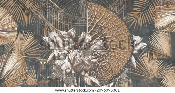 Graphic illustration of a greenhouse. Floral wallpaper with exotic jungle leaves and water lilies. Abstract botanical design for photo wallpaper mural.