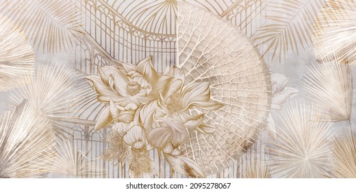 Graphic illustration of a greenhouse.Floral wallpaper with exotic jungle leaves and water lilies.  Abstract botanical design for photo wallpaper, wallpaper, mural, card.