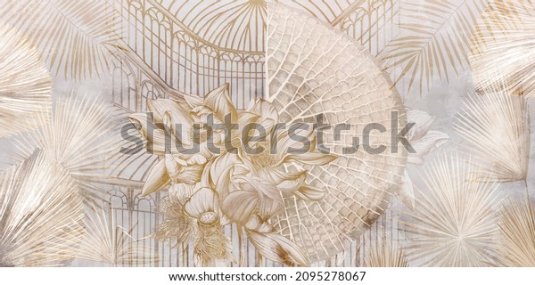 Graphic illustration of a greenhouse.Floral wallpaper with exotic jungle leaves and water lilies. Abstract botanical design for photo wallpaper, wallpaper, mural, card.