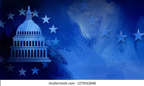 Graphic illustration of iconic American Capitol dome and simple ring of stars on abstract oil paint background. Conceptual graphic for political themed usage.