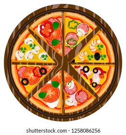 Graphic illustration logo for whole round hot pizza, slice triangle from pizzeria menu. Pizza on wood board, ingredients for pizzeria to chalkboard, food in box. Tasty Italian pizza from pizzeria.