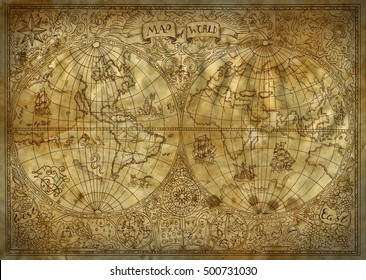 古い紙の背景に世界の古い地図のグラフィックイラスト ビンテージや海賊の冒険 宝探しや古い交通のコンセプト グランジテクスチャと神秘的な記号 のイラスト素材