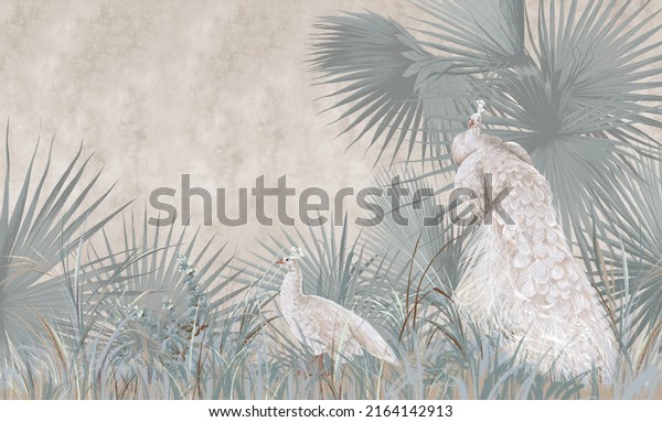Graphic illustration of a peacocks and leaves. Birds Design Wallpaper for interior decoration, mural, home décor.