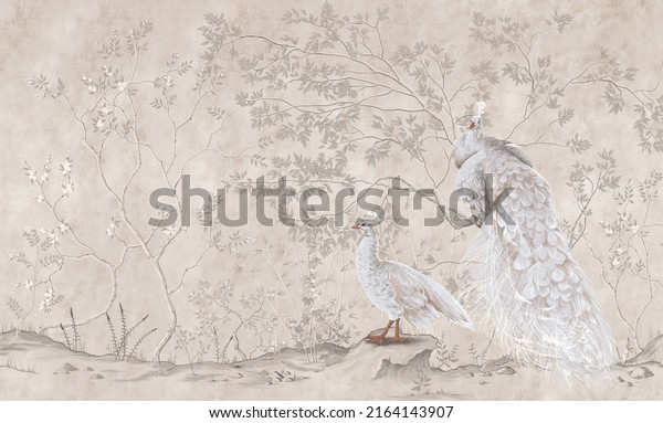 Graphic illustration of a peacocks and trees. Design for interior project, wallpaper, photo wallpaper, mural, poster, home decor, card, packaging!