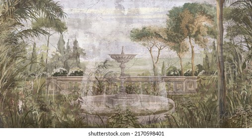 Graphic Illustration Of A Toscana Garden. Design For Interior Project, Wallpaper, Photo Wallpaper, Mural, Poster, Home Decor, Card, Packing!	