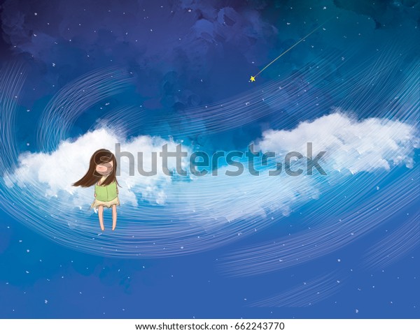 水彩色の青い夜空のグラフィックイラスト 星空を描いた雲の上に座る笑顔の女の子 想像 夢の国 アート ファンタジー 趣味 自然デザインの背景 のイラスト素材