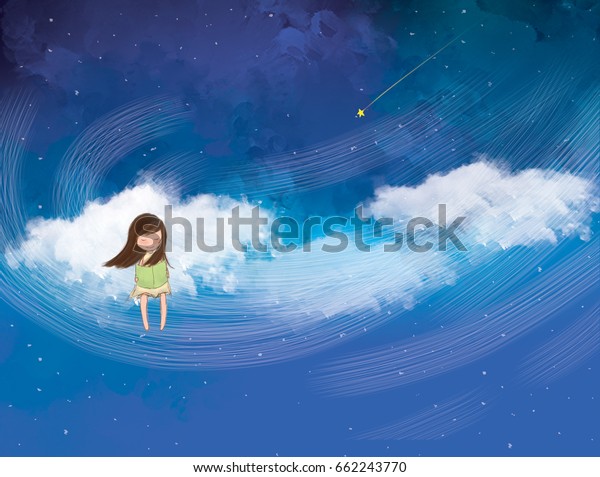 水彩色の青い夜空のグラフィックイラスト 星空を描いた雲の上に座る笑顔の女の子 想像 夢の国 アート ファンタジー 趣味 自然デザインの背景 のイラスト素材 662243770