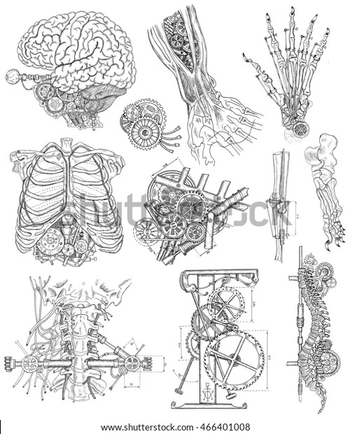 ボディと機械パーツ および古いメカニズムを持つグラフィックの線形セット スチームパンクと古代の技術のコンセプト ロボットの脳 手 胸 喉 白い背景に彫刻されたイラスト のイラスト素材