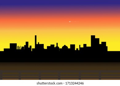 Graphic painting of sunset silhouetting a city skyline. 