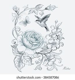 Graphic Pencil Drawing Roses Bird Butterfly2 Stock Illustration ...