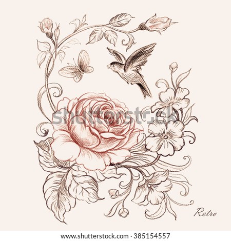graphic pencil drawing roses bird butterfly 1 stock illustration