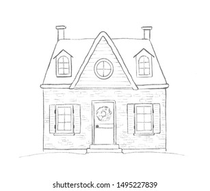 Grafische Bleistiftskizze mit dem alten Haus im Dorf. Handgezeichnete Illustration