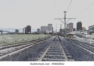 Graphic Picture Of Railroad Along Mississippi River Walk French Quarter New Orleans, USA.