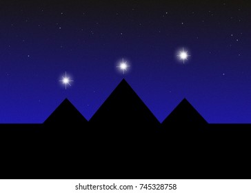 Graphic of pyramids of egypt and orion belt stars in starry night.