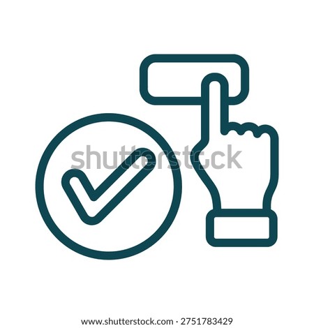 A graphic representation of a hand pressing a button with a checkmark inside a circle, indicating confirmation or approval.
