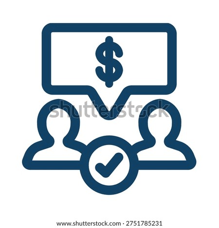 A graphic representation of three interconnected individuals with a dollar sign and a checkmark at the center, symbolizing financial agreement or transaction among a group.