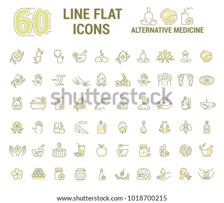  graphic set.Icons in flat, contour, thin and linear design. Alternative medicine. Natural beauty. Simple isolated icon on white background. Concept illustration for Sign,symbol,emblem. Raster version