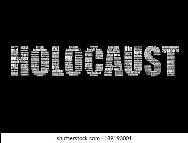 Graphic shaped in a word Holocaust containing words concerning Yom HaShoah and holocaust. White words on black background.