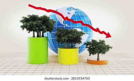 Graphic with showing the decrease of tree population on earth. 3D illustration.