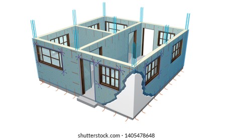 Graphic showing the elements used to reinforce the walls and metal mesh small one  story house white background  3D Illustration