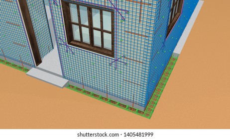 Graphic showing the elements used to reinforce the walls house and metal mesh   how the mesh is linked to the foundations the house  3D Illustration