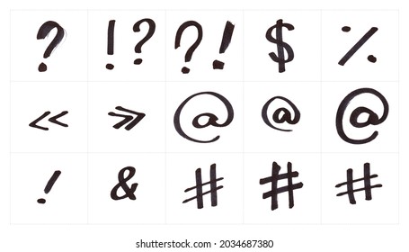 Graphic Signs Hand-drawn With A Marker Pen And Scanned. Question Mark, Exclamation Mark, At Sign, Ampersand, Hashtag, Percent Symbol, Dollar Sign, French Quotes. Type, Typography, Font.