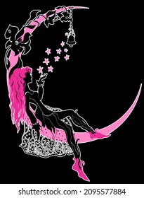 Graphic silhouette beautiful woman  Moon   flowers queen  Flat style illustration  Fashion luxury  Feminine concept