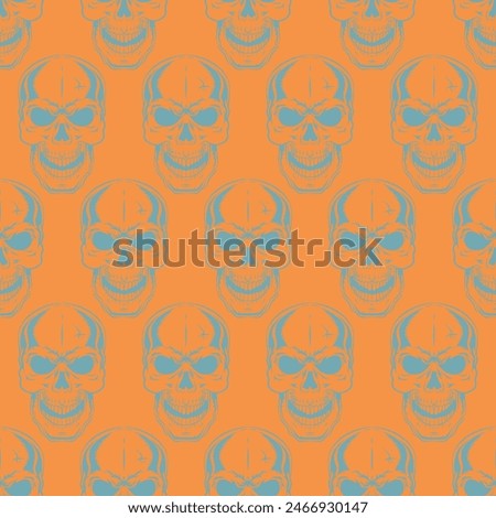 Graphic silhouetted skulls pattern, seamless skull print, abstract, cool, seamless pattern, funky, snazzy, bold, evil skull, halloween, fun, blue on orange