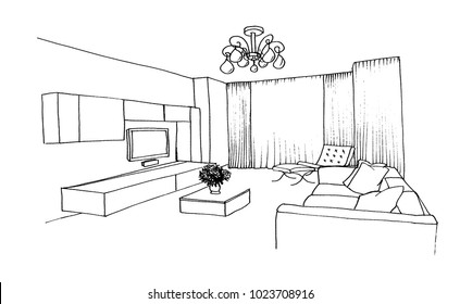 Graphic sketch room, TV, upholstered furniture, flowers, chandelier, liner