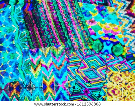 Graphic T Shirts Design Art. Neon Rainbow Design Asian Print. Patchwork Painting Watercolor Art. Ikat Ornamental Patch Tile. Paisley Ornament Geometric Background Silk Art.