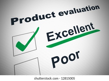 Graphic of tick box product evaluation form with green tick against EXCELLENT underlined in green