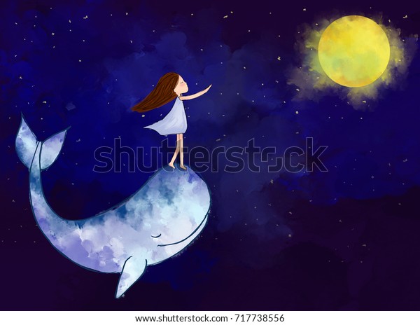夜空の背景に鯨が月に達する女の子のグラフィックス水彩デジタル画像 想像 希望 夢 空想 アート 抽象的 平和 抽象的コンセプトテンプレートの壁紙 の イラスト素材