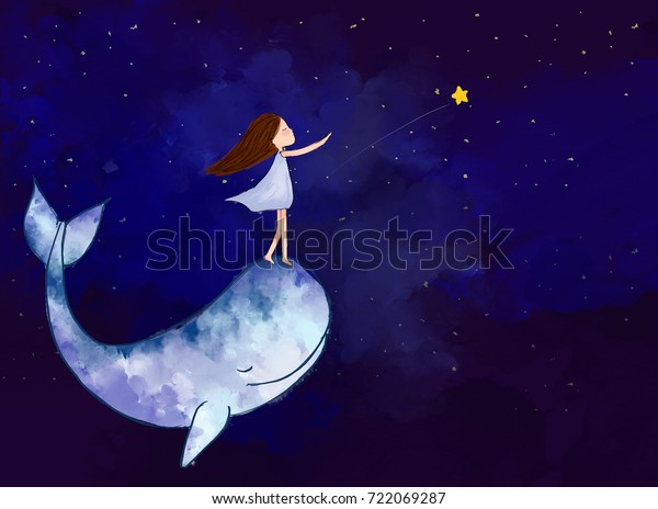 夜空の背景に明るい星に到達する鯨と女の子のグラフィックス水色デジタル画像 想像 希望 夢 空想 アート 抽象的 平和コンセプトテンプレートの壁紙 のイラスト素材