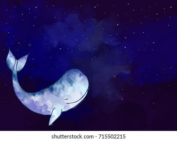 Graphic Watercolor Digital Painting Of Whale Over Night Starry Background. Idea Of Imagination, Cartoon, Dream, Fantasy, Tranquil, Art, Abstract, Peace Concept Template Wallpaper