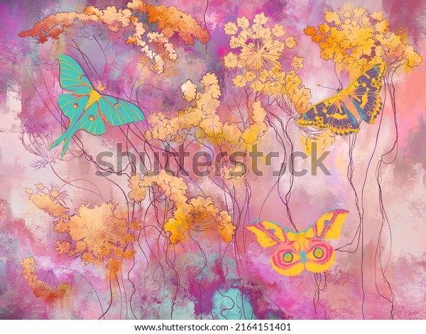 Graphic wildflowers with butterflies painted on colorful wall. Floral background in loft, modern style. Design for wall mural, card, postcard, wallpaper, photo wallpaper.