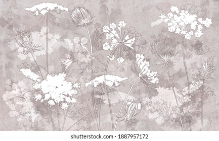 Graphic wildflowers painted on a brown concrete grunge wall. Floral background in loft, modern style. Design for wall mural, card, postcard, wallpaper, photo wallpaper.