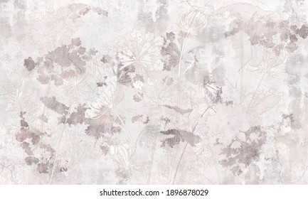 Graphic wildflowers painted on  concrete grunge wall. Floral background in loft, modern style. Design for wall mural, card, postcard, wallpaper, photo wallpaper.