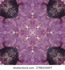 Graphical art based on a close up picture of crystaline amethyst. Intricate graphical artwork inspired by a close-up of crystalline amethyst (SiO). The image features symmetrical patterns, with a central arrangement resembling a kaleidoscope effect. Dominated by shades of purple, the design highlights the geometric facets and natural textures typical of amethyst. Subtle hints of other mineral inclusions add complexity, creating a balance between organic and abstract forms. The vibrant colors and repetition of shapes emphasize both the natural beauty and artistic transformation of this quartz variety.