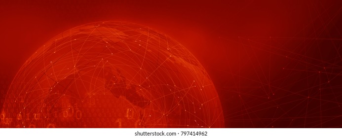 Graphical blockchain red theme background with connection lines and binary codes. Global connectivity technology concept