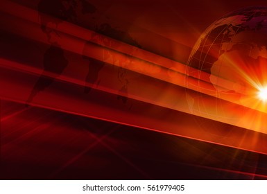 Graphical News Background, Red Theme Background With Earth Globe And Lens Flare .