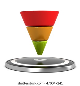 Graphical representation of a conversion funnel and target over white background. 3D illustration
